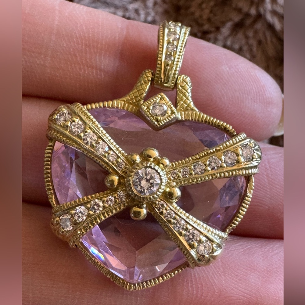 Judith Ripka 18K Yellow Gold Pink Heart Pendant 0.70ct Diamond Large Statement